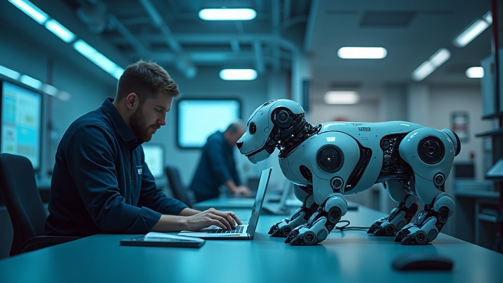 A robotic dog assistant monitoring a glowing automated software engineering control terminal