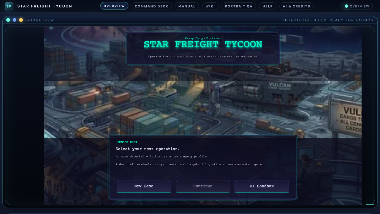 Star Freight Tycoon playable command deck with a retro sci-fi cargo terminal.
